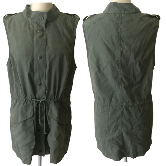 First Love Vest Womens Large‎ Green Cargo Military Drawstring Snap Full Zip Gorp - Picture 1 of 8